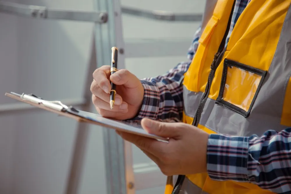 Person in a high-visibility vest and plaid shirt holding a pen and clipboard, writing notes at a construction site.