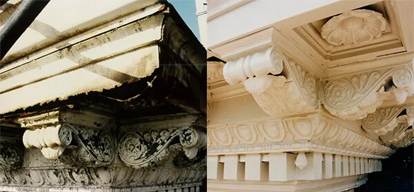 Side-by-side images showing the before and after of a restored architectural cornice, highlighting detailed ornamentation and repairs.