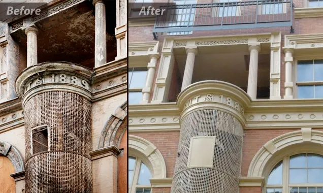 Before and after image of a building. Left: dilapidated structure with peeling paint. Right: restored facade with clean surfaces.