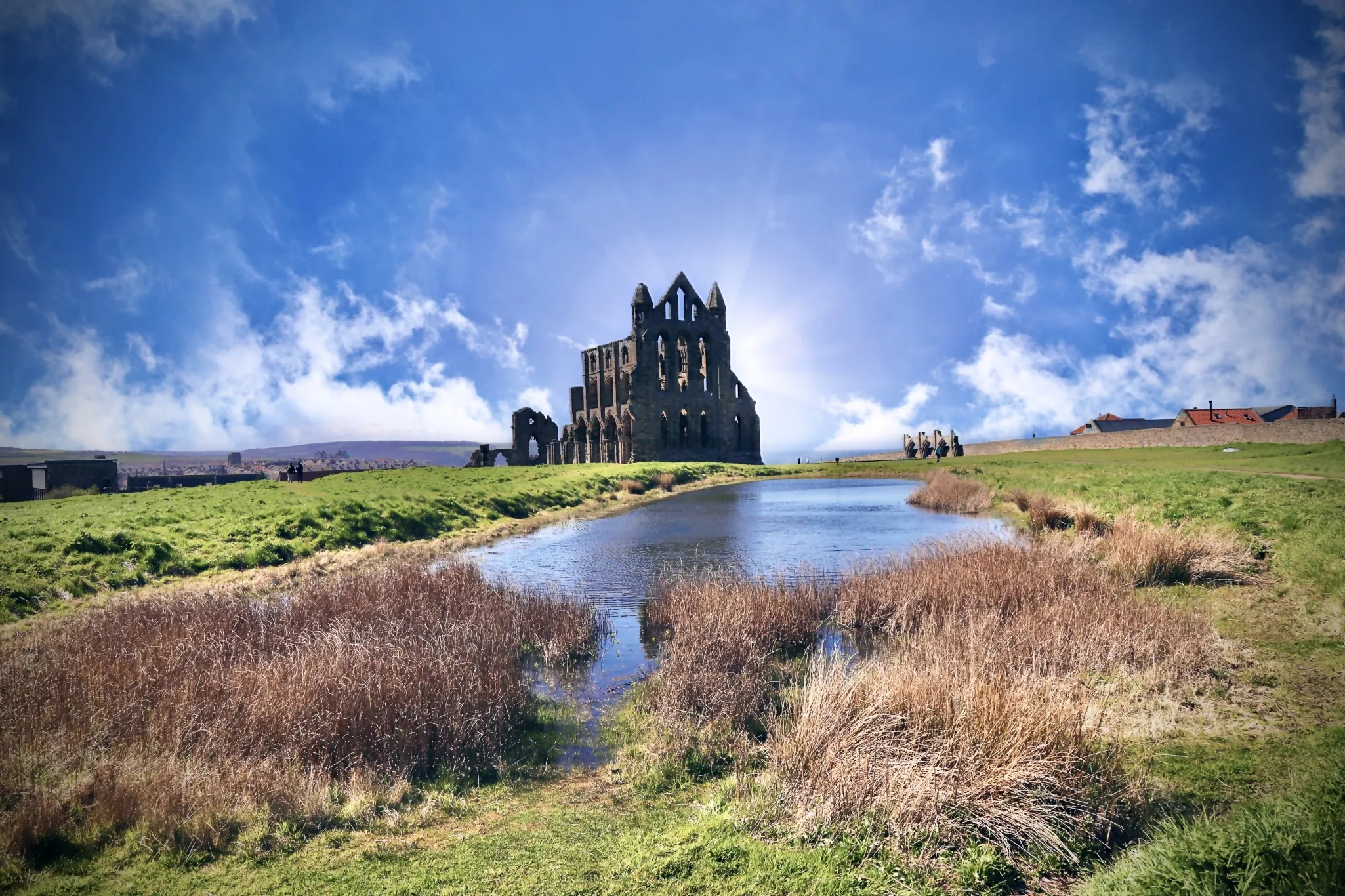 Ruins of a stone abbey on a grassy hill with a small pond in the foreground under a bright, sunny sky.