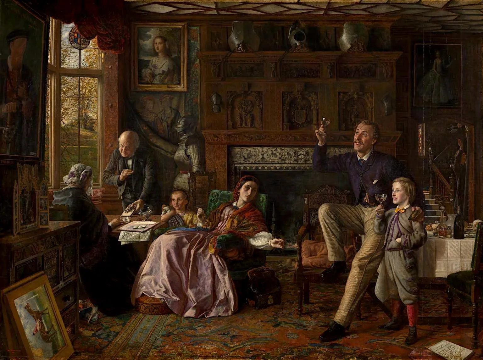 A Victorian-era family sits in an ornate room, engaged in various activities, with one man raising a glass and another reading a letter.