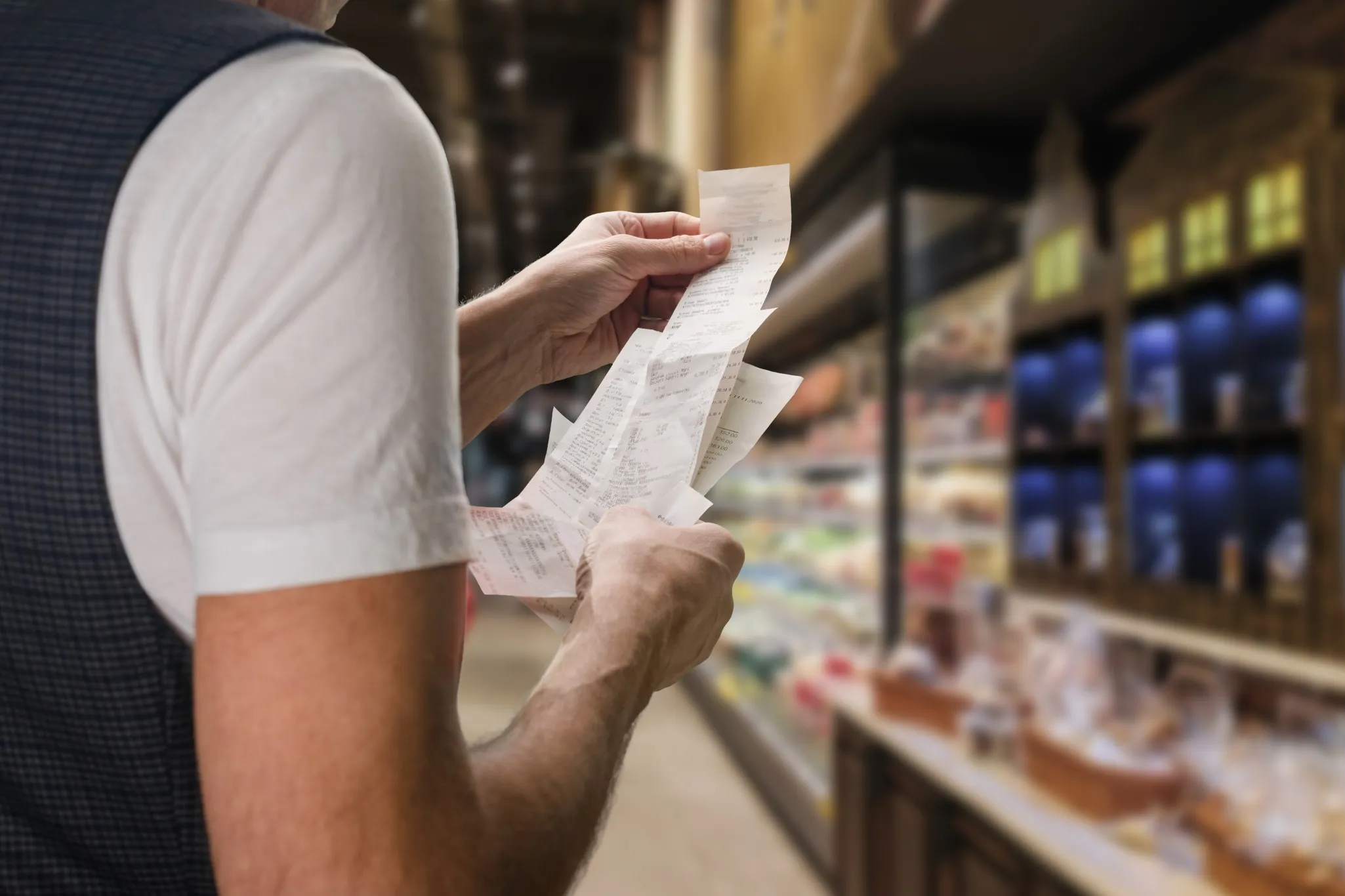 A person checking the prices on shopping receipt.