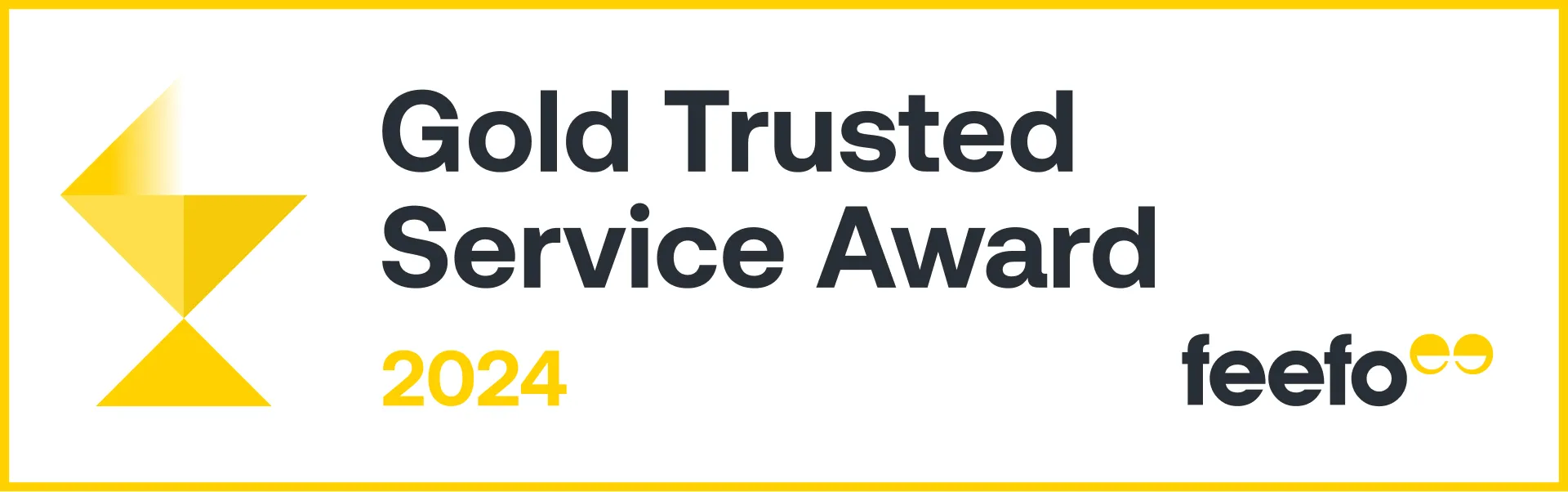 Gold Trusted Service Award 2024 by Feefo, featuring a gold geometric shape on the left.