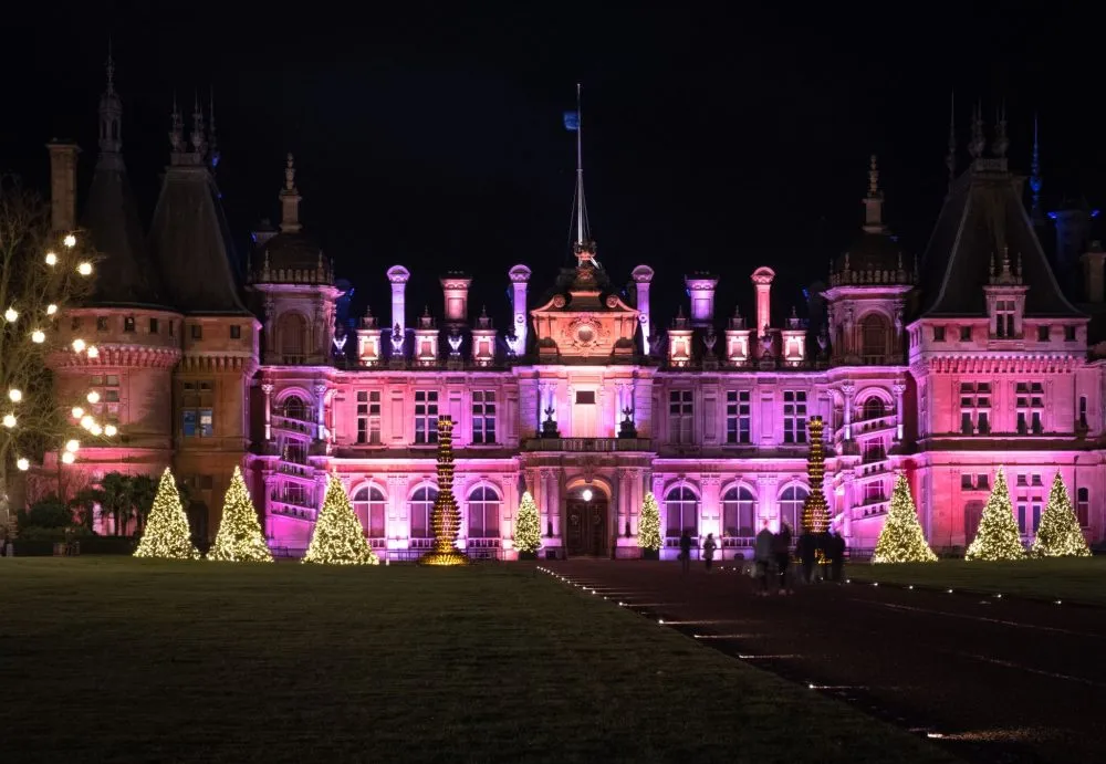 Illuminated castle at night with pink lights and decorated Christmas trees along the pathway.